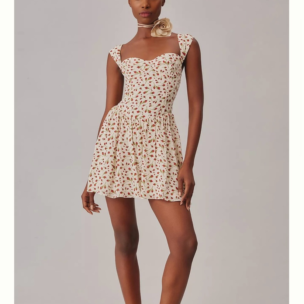 Reformation Cream Mini Dress with Red & Green Floral Print